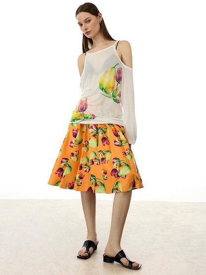 AFTADAWN Floral Print Linen Blend Shoulder Cut Top Pleated Skirt Set