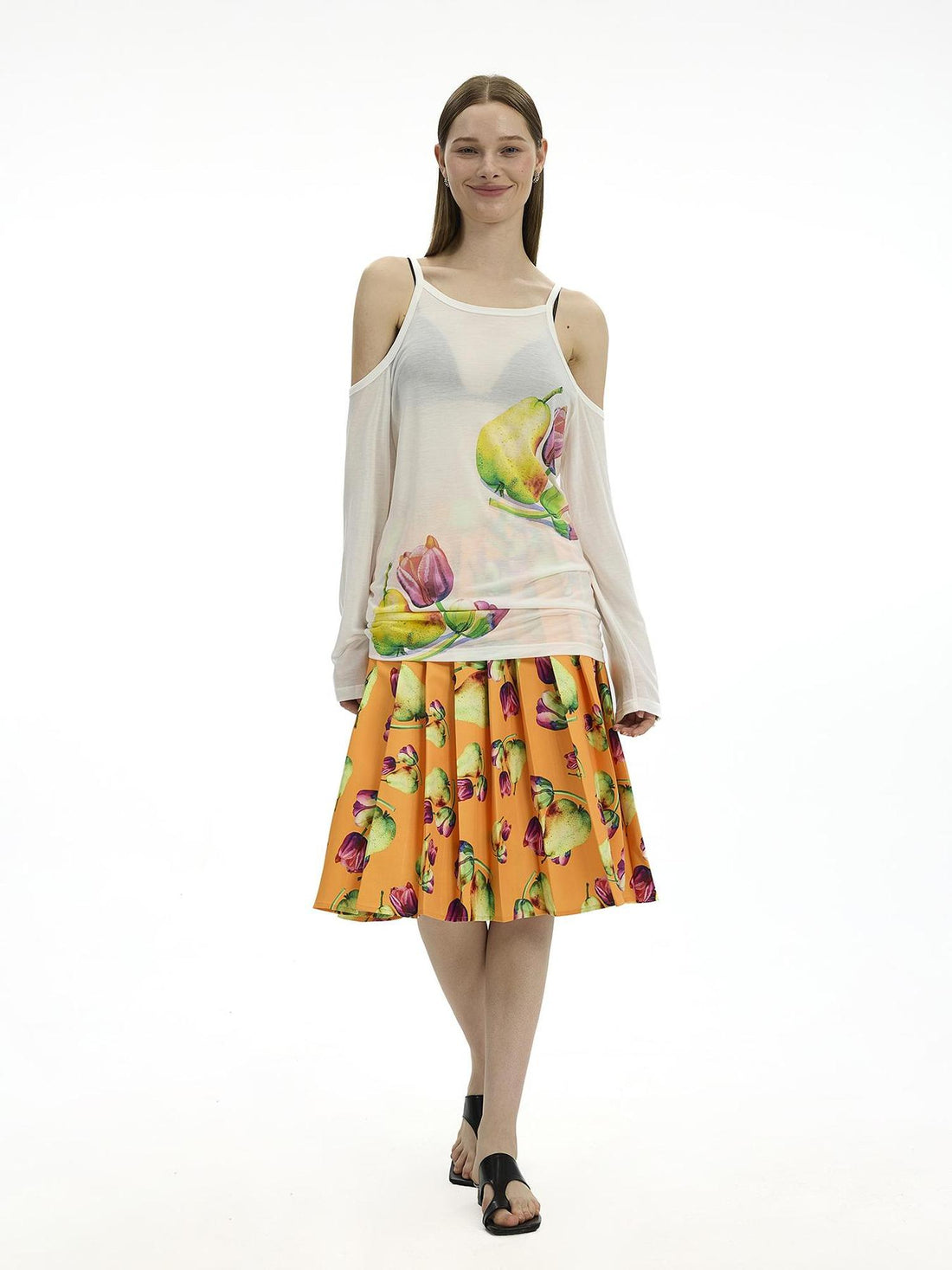 AFTADAWN Floral Print Linen Blend Shoulder Cut Top Pleated Skirt Set