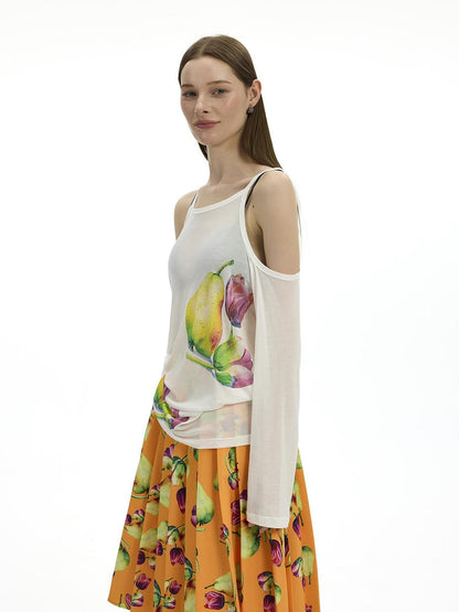 AFTADAWN Floral Print Linen Blend Shoulder Cut Top Pleated Skirt Set