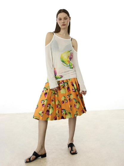 AFTADAWN Floral Print Linen Blend Shoulder Cut Top Pleated Skirt Set