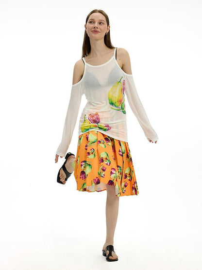 AFTADAWN Floral Print Linen Blend Shoulder Cut Top Pleated Skirt Set