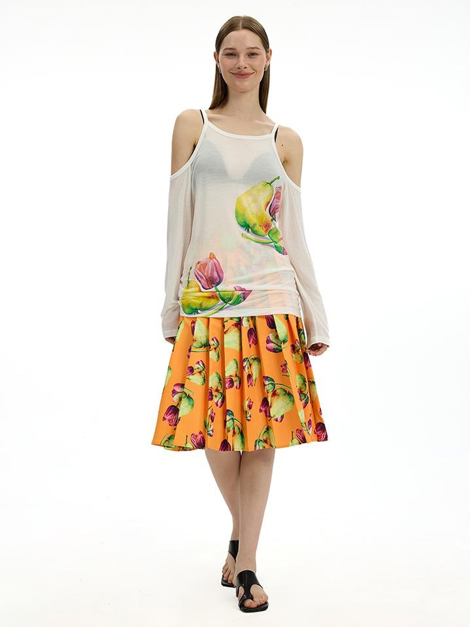 AFTADAWN Floral Print Linen Blend Shoulder Cut Top Pleated Skirt Set