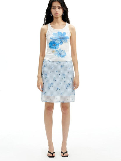 AFTADAWN Floral Print Sheer Lace Cutout Slim Fit Women&