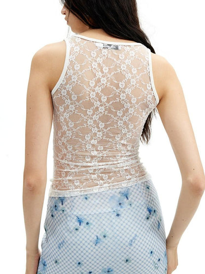 AFTADAWN Floral Print Sheer Lace Cutout Slim Fit Women&