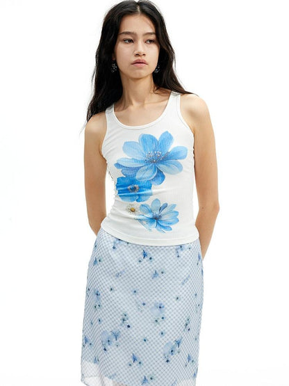 AFTADAWN Floral Print Sheer Lace Cutout Slim Fit Women&