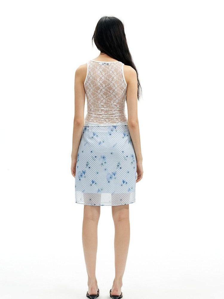 AFTADAWN Floral Print Sheer Lace Cutout Slim Fit Women&