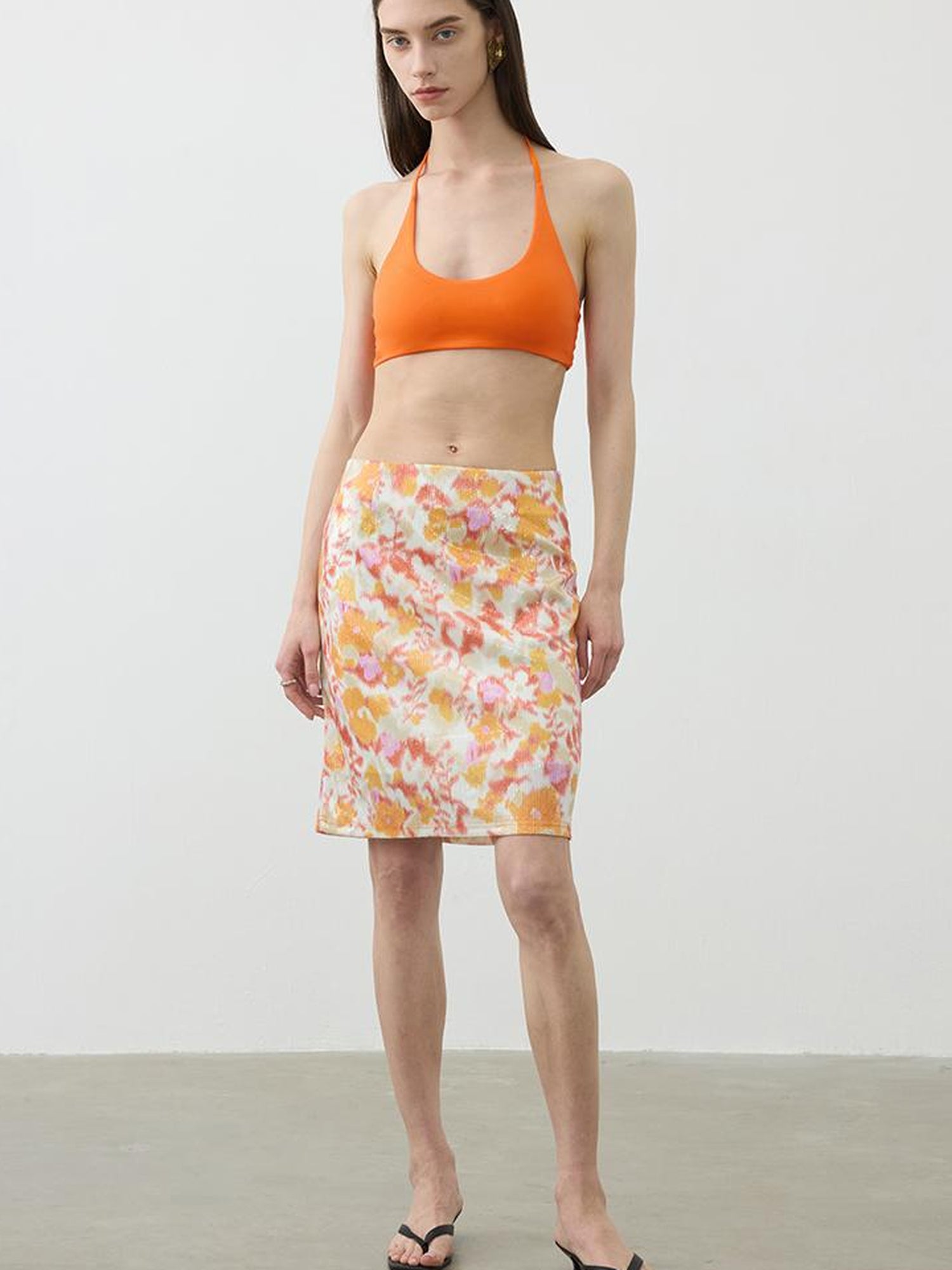 AFTADAWN Floral Sequin Midi Skirt Low Waist Straight Tube Skirt