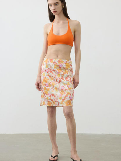 AFTADAWN Floral Sequin Midi Skirt Low Waist Straight Tube Skirt
