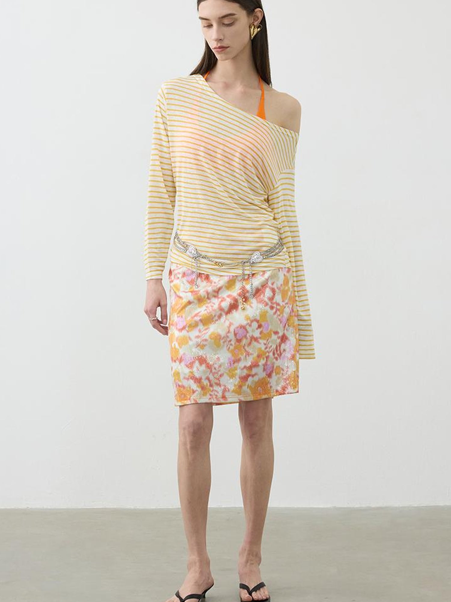 AFTADAWN Floral Sequin Midi Skirt Low Waist Straight Tube Skirt