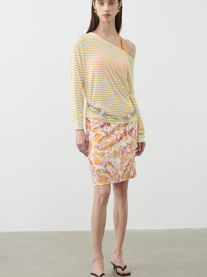 AFTADAWN Floral Sequin Midi Skirt Low Waist Straight Tube Skirt