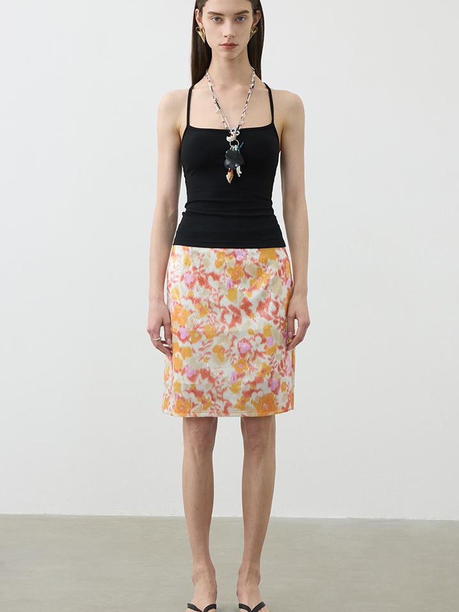 AFTADAWN Floral Sequin Midi Skirt Low Waist Straight Tube Skirt