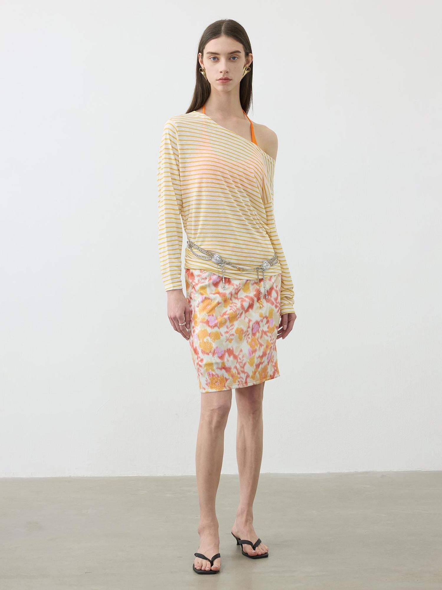 AFTADAWN Floral Sequin Midi Skirt Low Waist Straight Tube Skirt