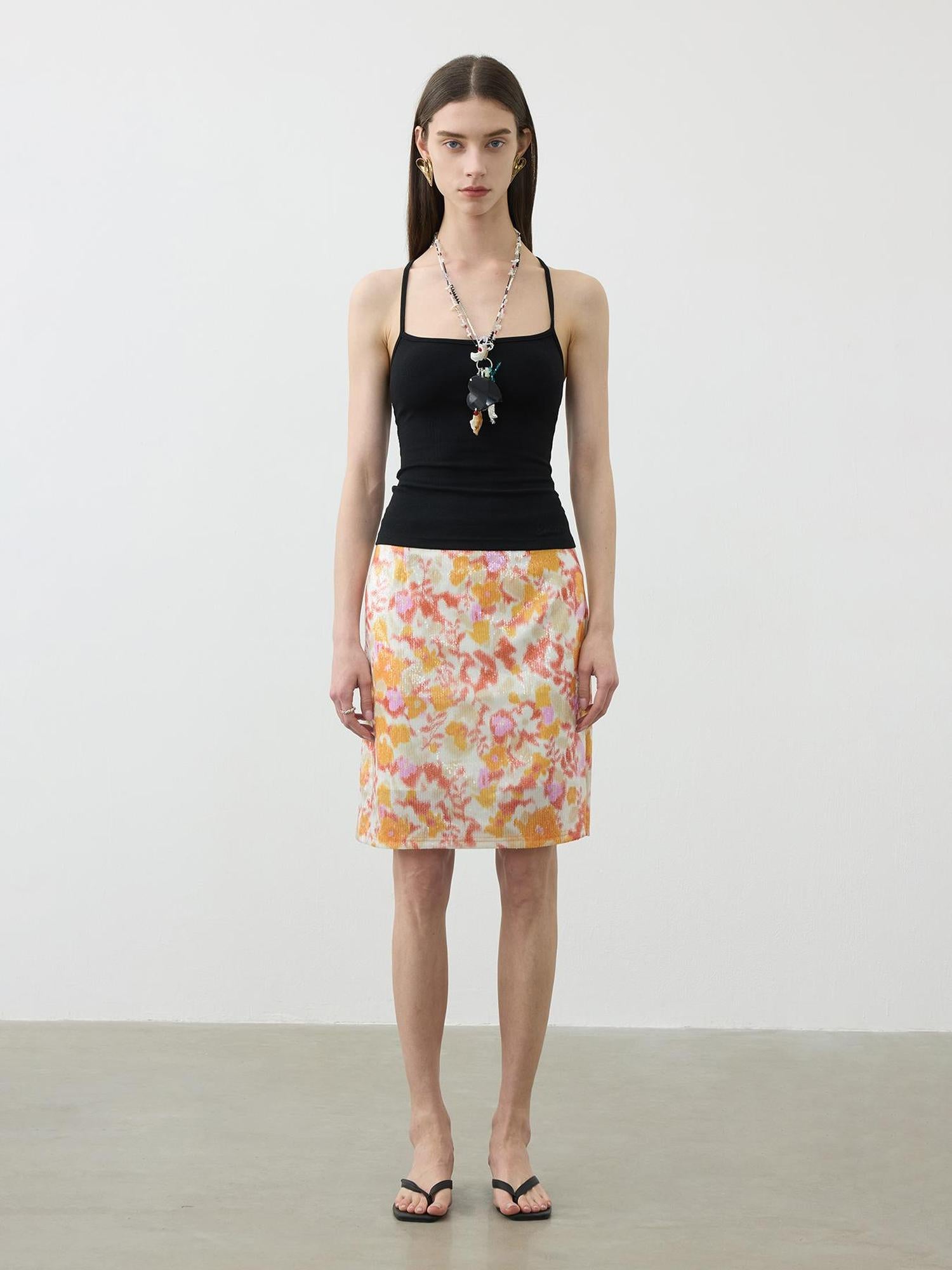 AFTADAWN Floral Sequin Midi Skirt Low Waist Straight Tube Skirt