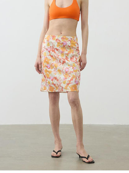 AFTADAWN Floral Sequin Midi Skirt Low Waist Straight Tube Skirt