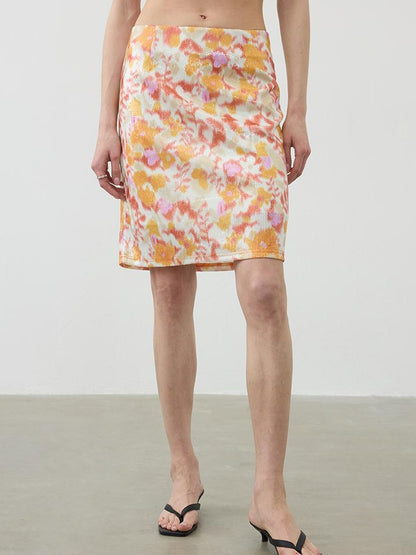 AFTADAWN Floral Sequin Midi Skirt Low Waist Straight Tube Skirt