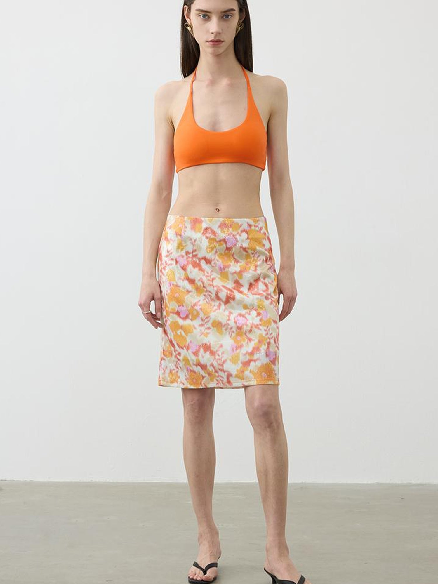 AFTADAWN Floral Sequin Midi Skirt Low Waist Straight Tube Skirt