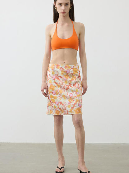 AFTADAWN Floral Sequin Midi Skirt Low Waist Straight Tube Skirt