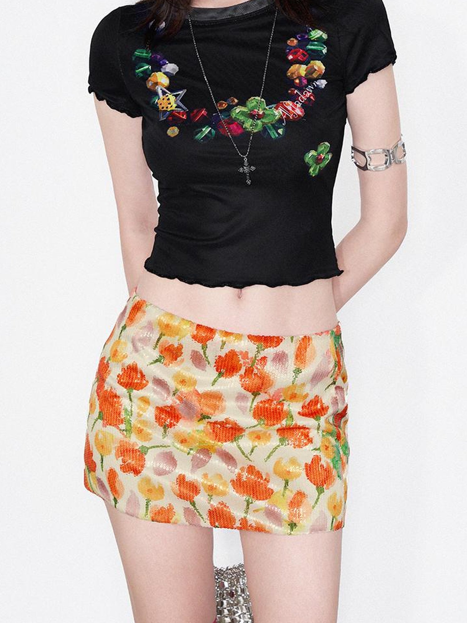 AFTADAWN Floral Sequin Tulip Bodycon Skirt