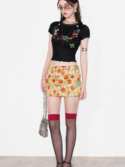 AFTADAWN Floral Sequin Tulip Bodycon Skirt