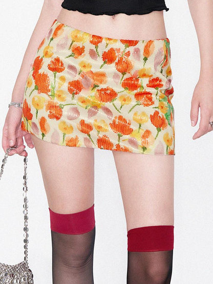 AFTADAWN Floral Sequin Tulip Bodycon Skirt