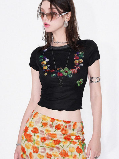 AFTADAWN Floral Sequin Tulip Bodycon Skirt