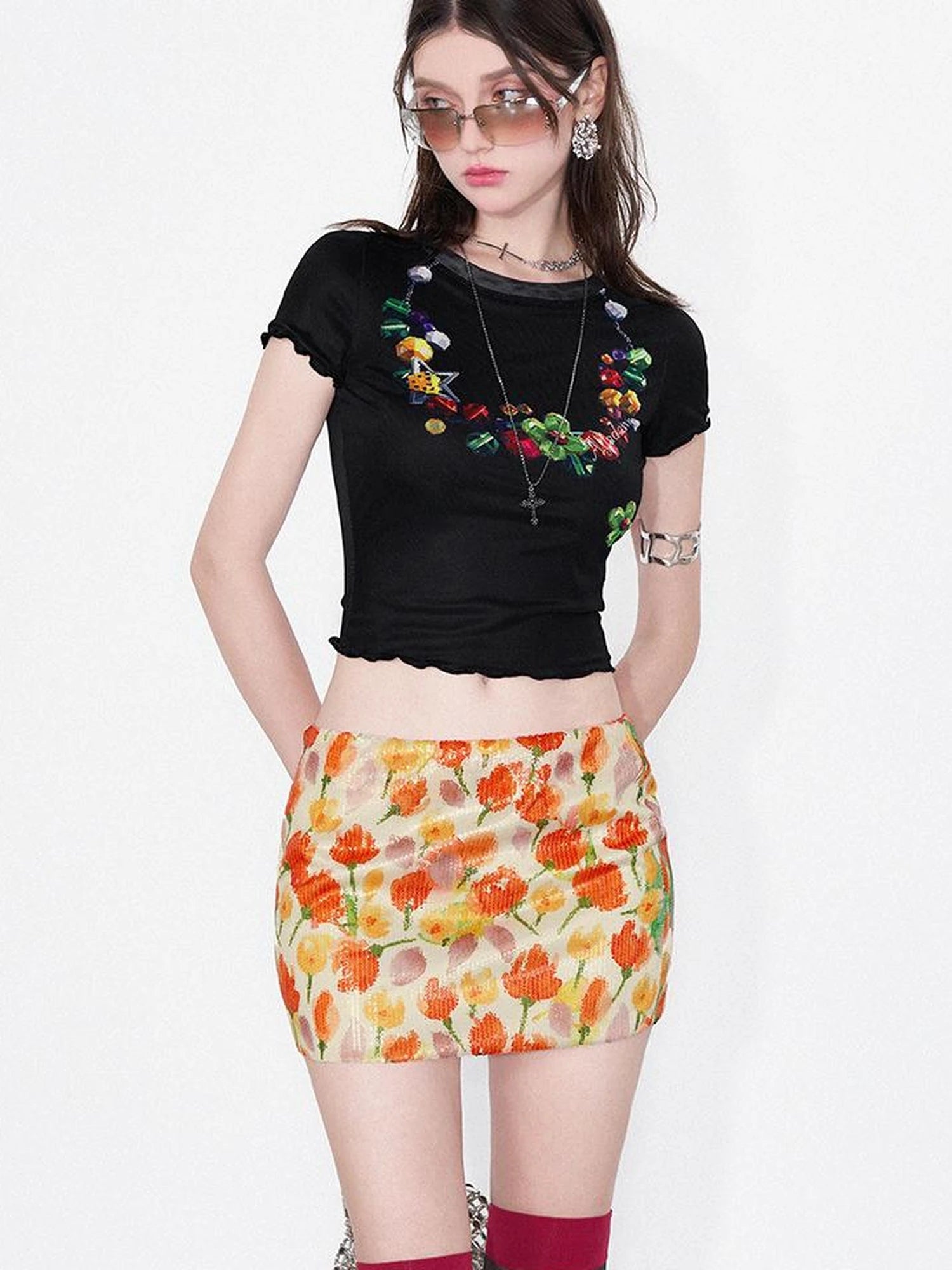 Floral Sequin Tulip Bodycon Skirt