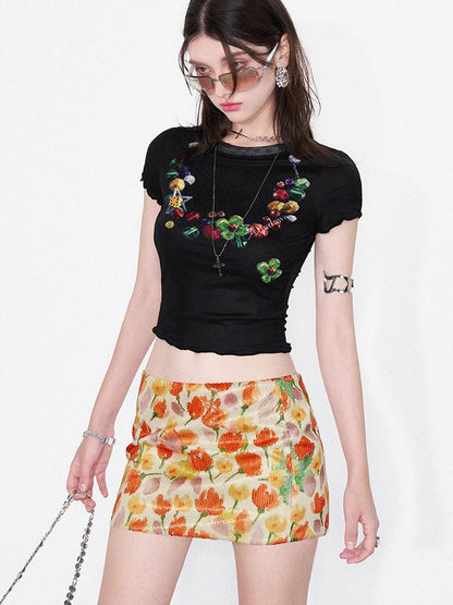 AFTADAWN Floral Sequin Tulip Bodycon Skirt