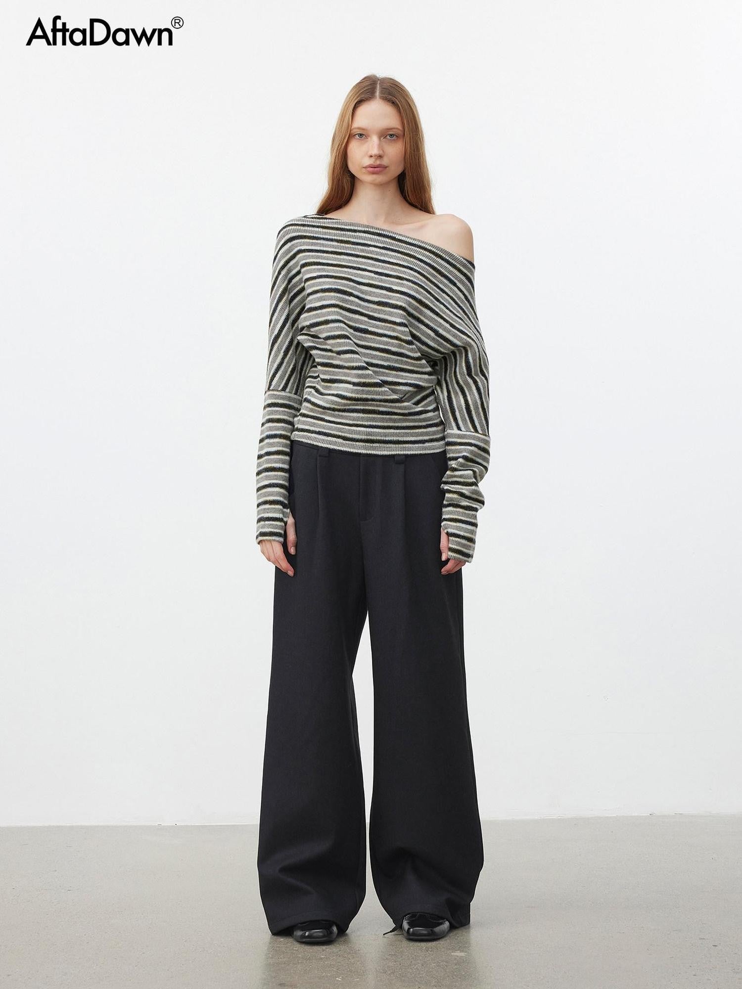 AFTADAWN Fluffy Colorblock Striped Off Shoulder Waist Cinch Women&