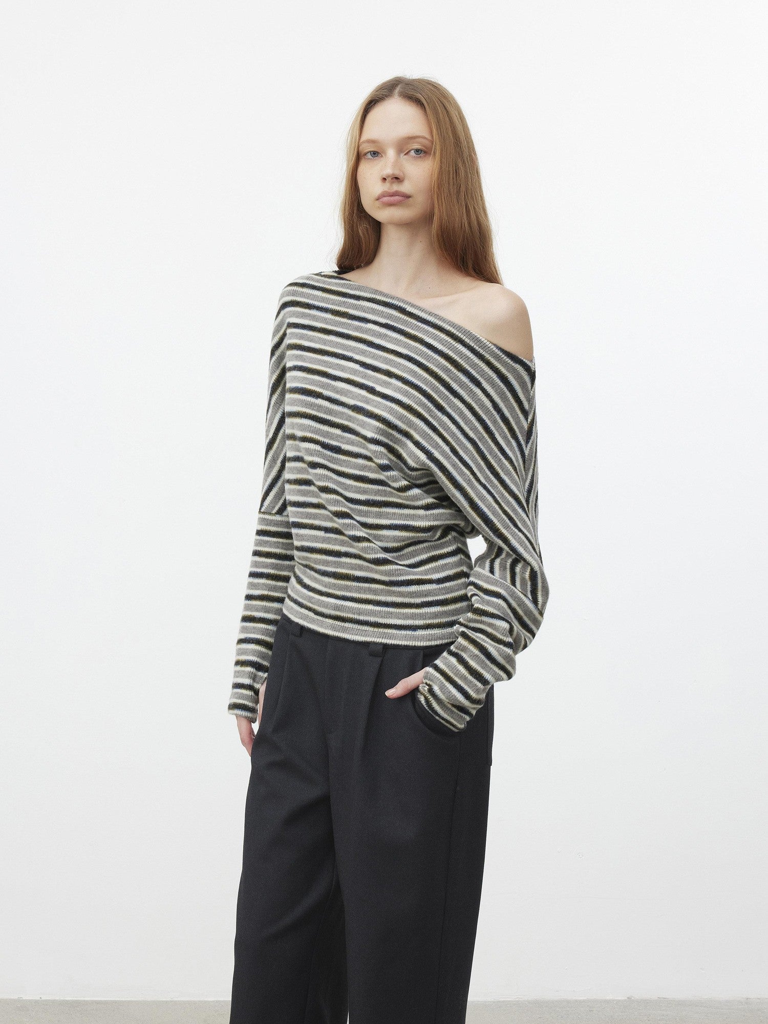 AFTADAWN Fluffy Colorblock Striped Off Shoulder Waist Cinch Women&