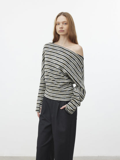 AFTADAWN Fluffy Colorblock Striped Off Shoulder Waist Cinch Women&