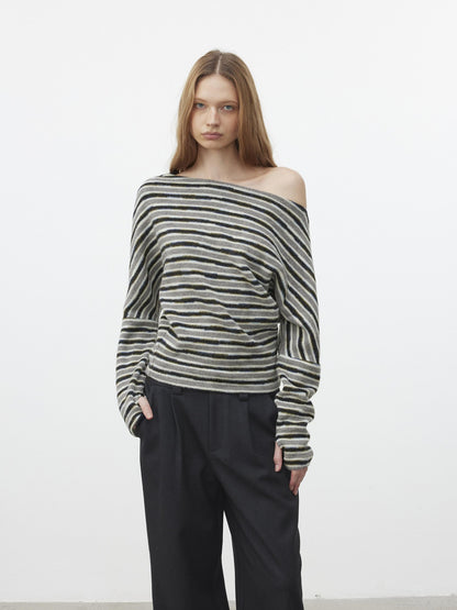 AFTADAWN Fluffy Colorblock Striped Off Shoulder Waist Cinch Women&