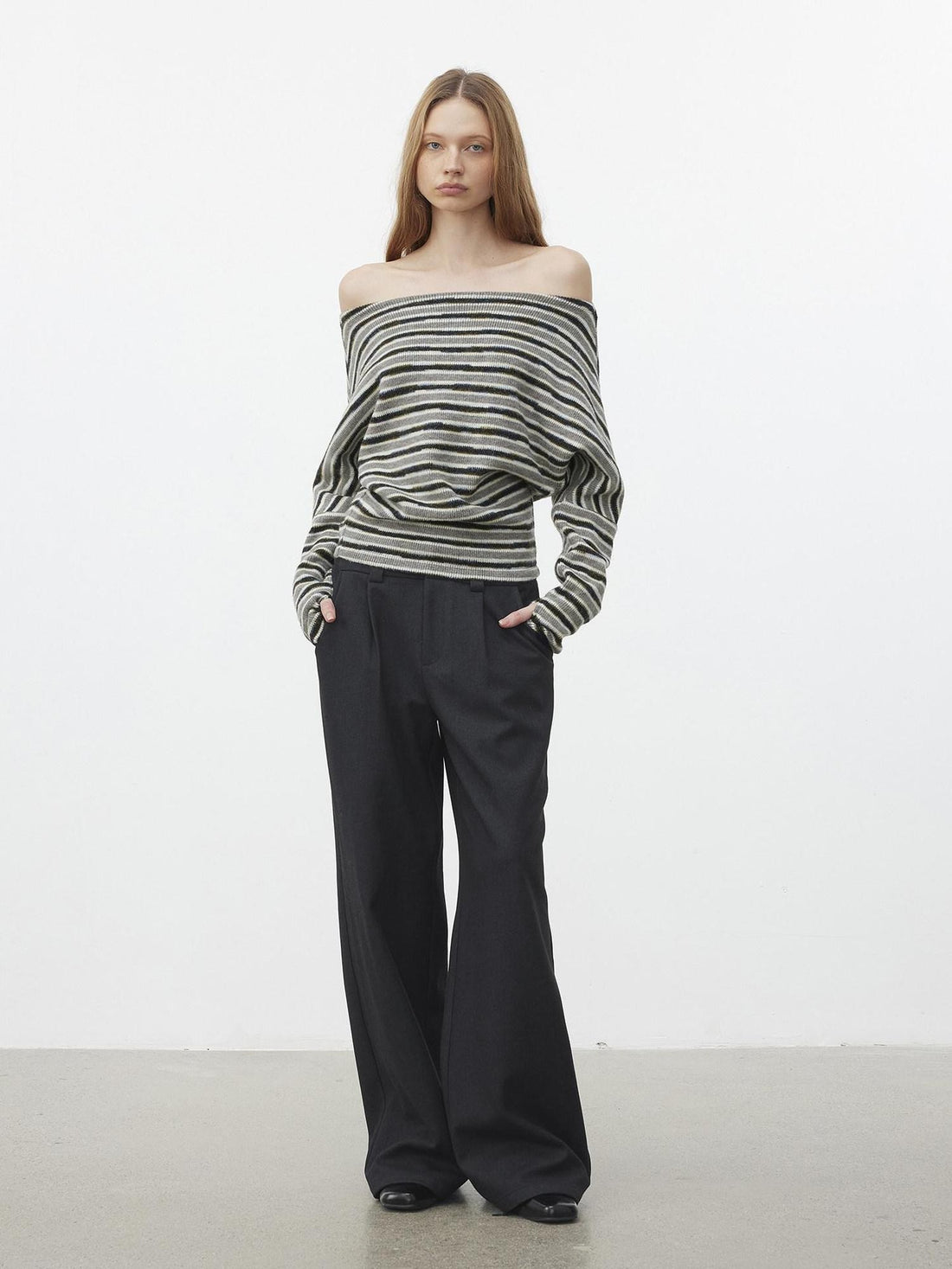 AFTADAWN Fluffy Colorblock Striped Off Shoulder Waist Cinch Women&
