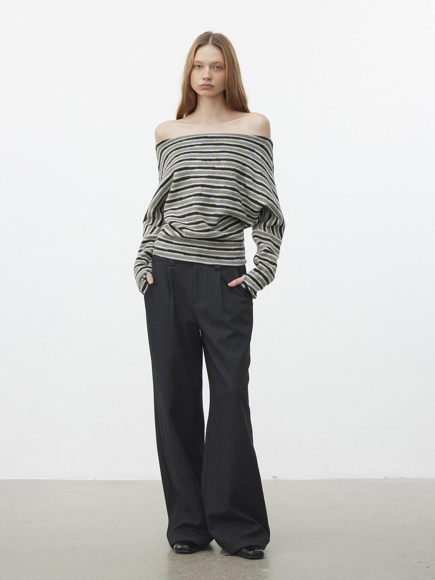 AFTADAWN Fluffy Colorblock Striped Off Shoulder Waist Cinch Women&