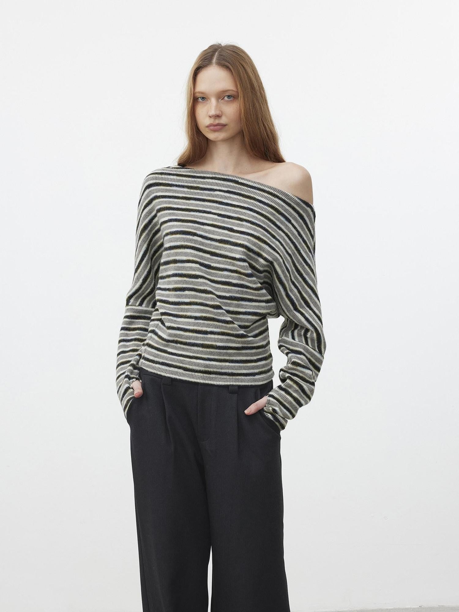 AFTADAWN Fluffy Colorblock Striped Off Shoulder Waist Cinch Women&
