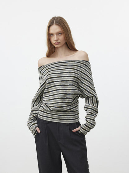 AFTADAWN Fluffy Colorblock Striped Off Shoulder Waist Cinch Women&