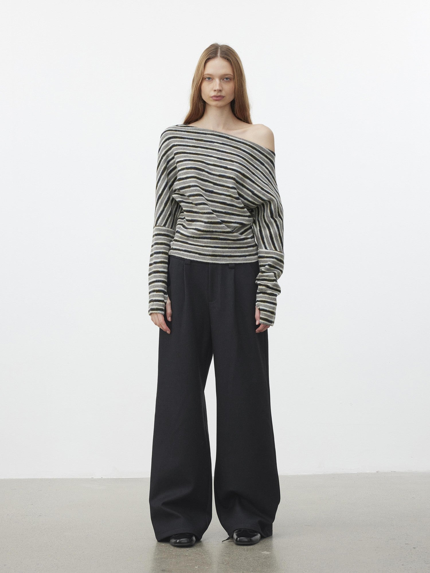 AFTADAWN Fluffy Colorblock Striped Off Shoulder Waist Cinch Women&