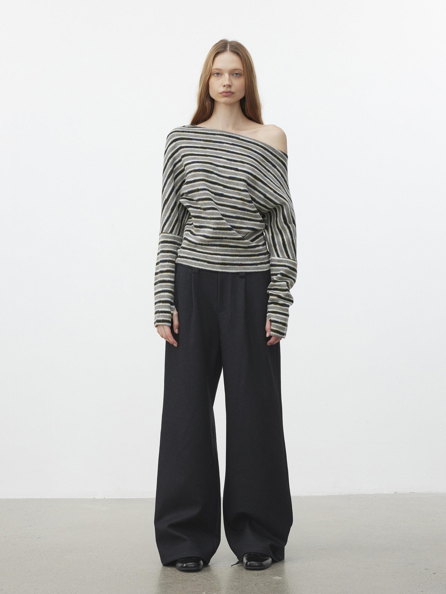 AFTADAWN Fluffy Colorblock Striped Off Shoulder Waist Cinch Women&