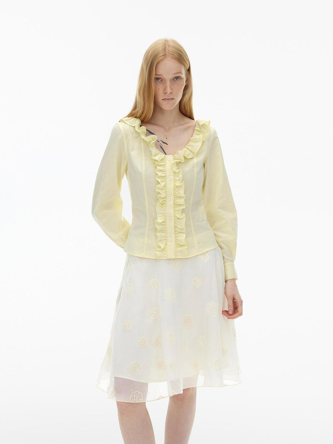 AFTADAWN French Ruffled V-neck Waist Cinch Lyocell Women&