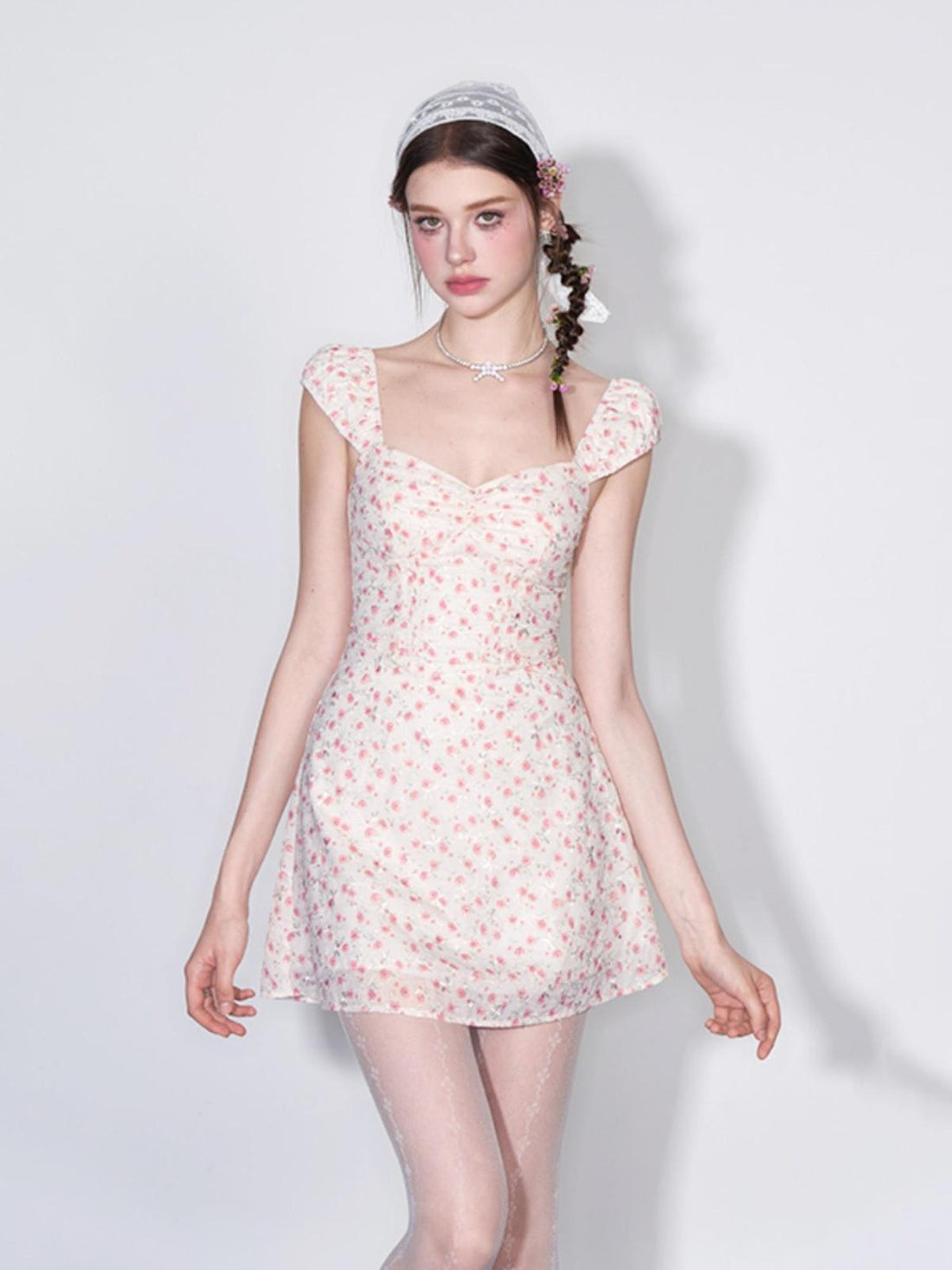 AFTADAWN French Square Neck Ruffle Waist Floral Dress