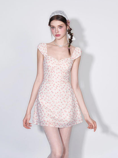 AFTADAWN French Square Neck Ruffle Waist Floral Dress