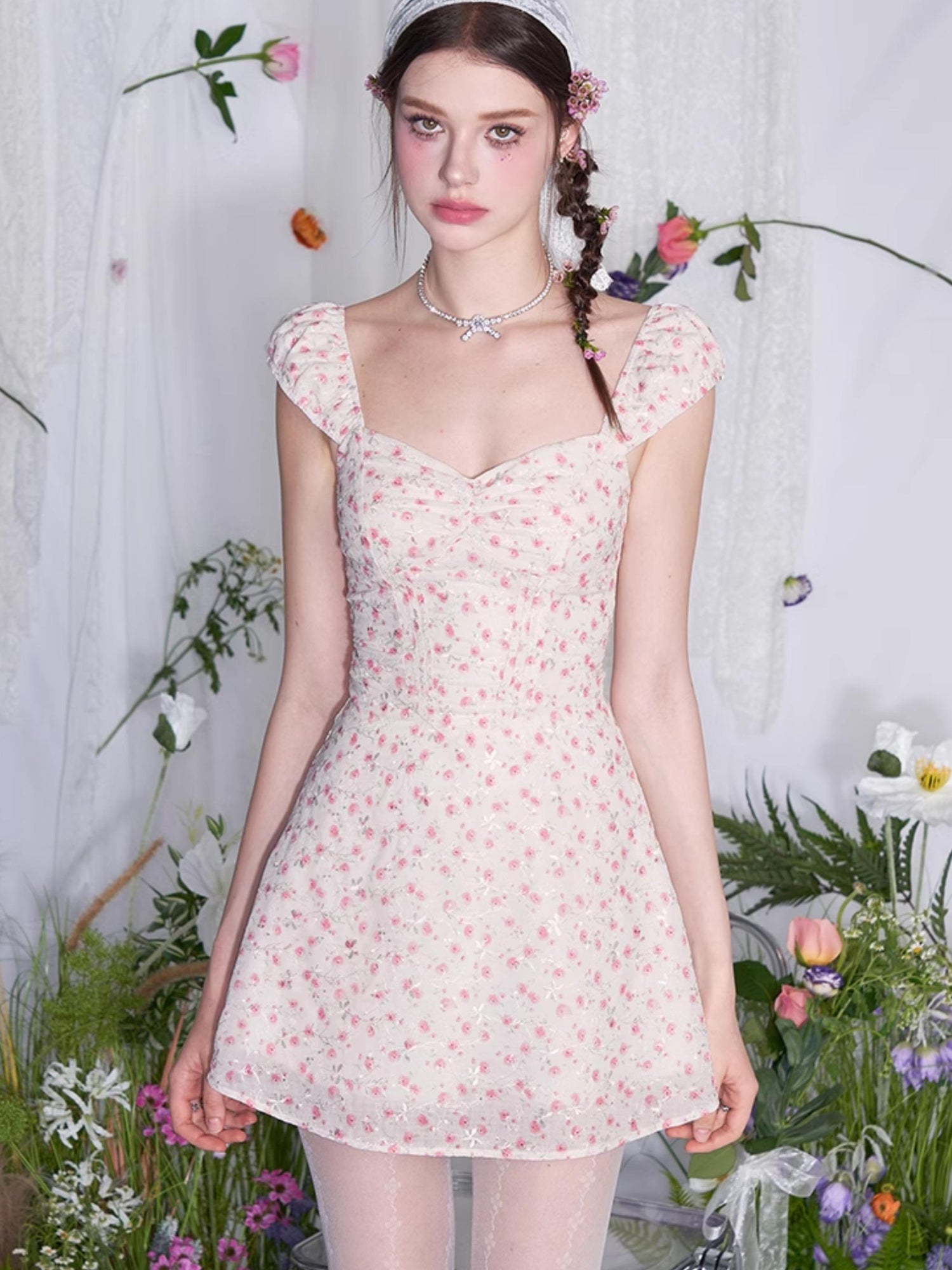 AFTADAWN French Square Neck Ruffle Waist Floral Dress