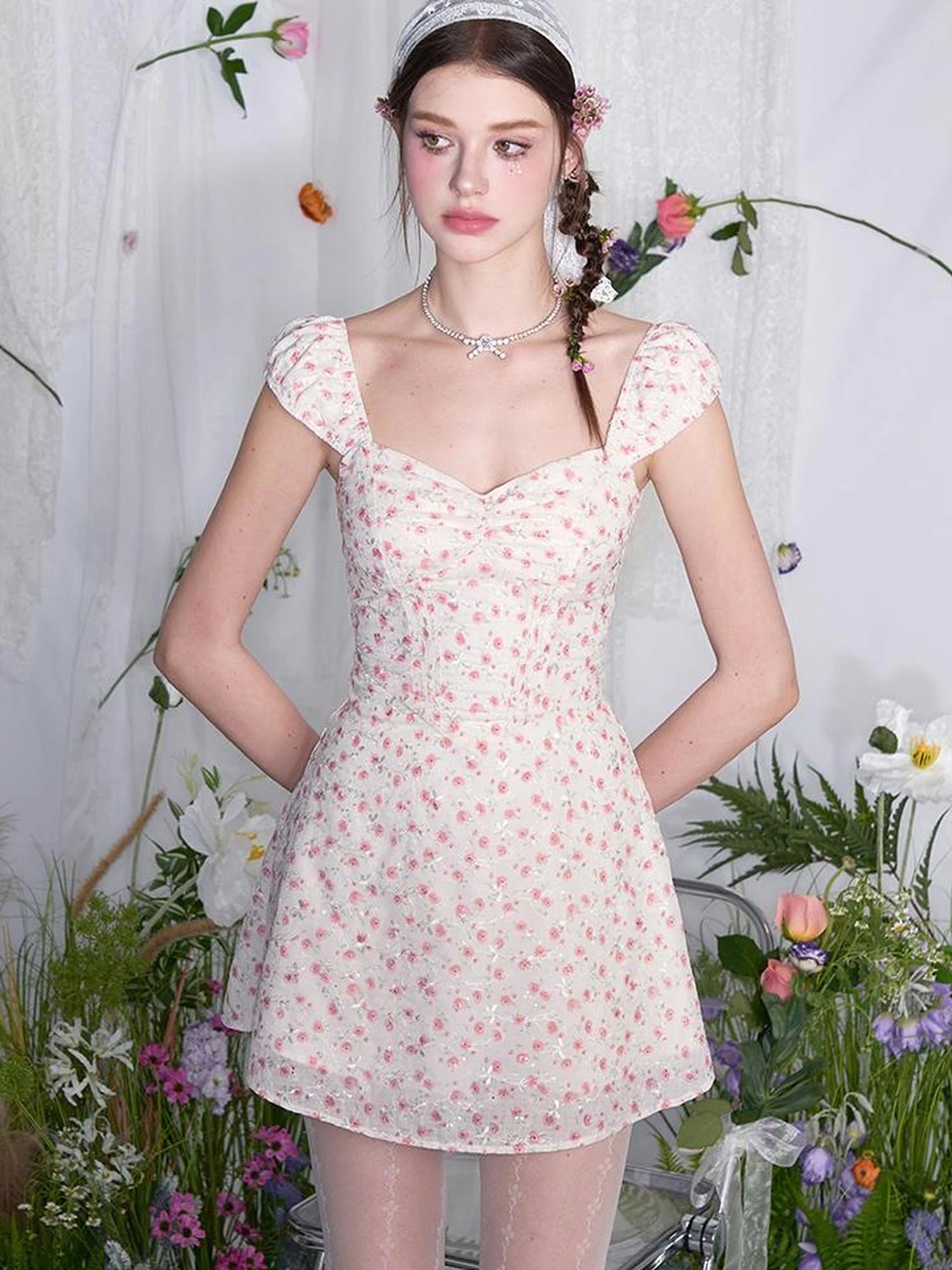 French Square Neck Ruffle Waist Floral Dress