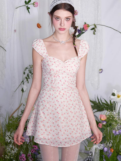AFTADAWN French Square Neck Ruffle Waist Floral Dress