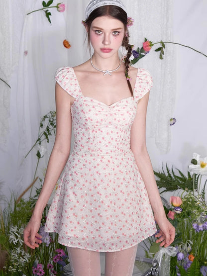 French Square Neck Ruffle Waist Floral Dress