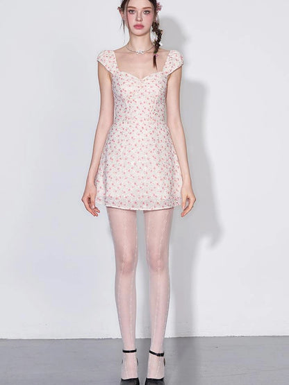 French Square Neck Ruffle Waist Floral Dress