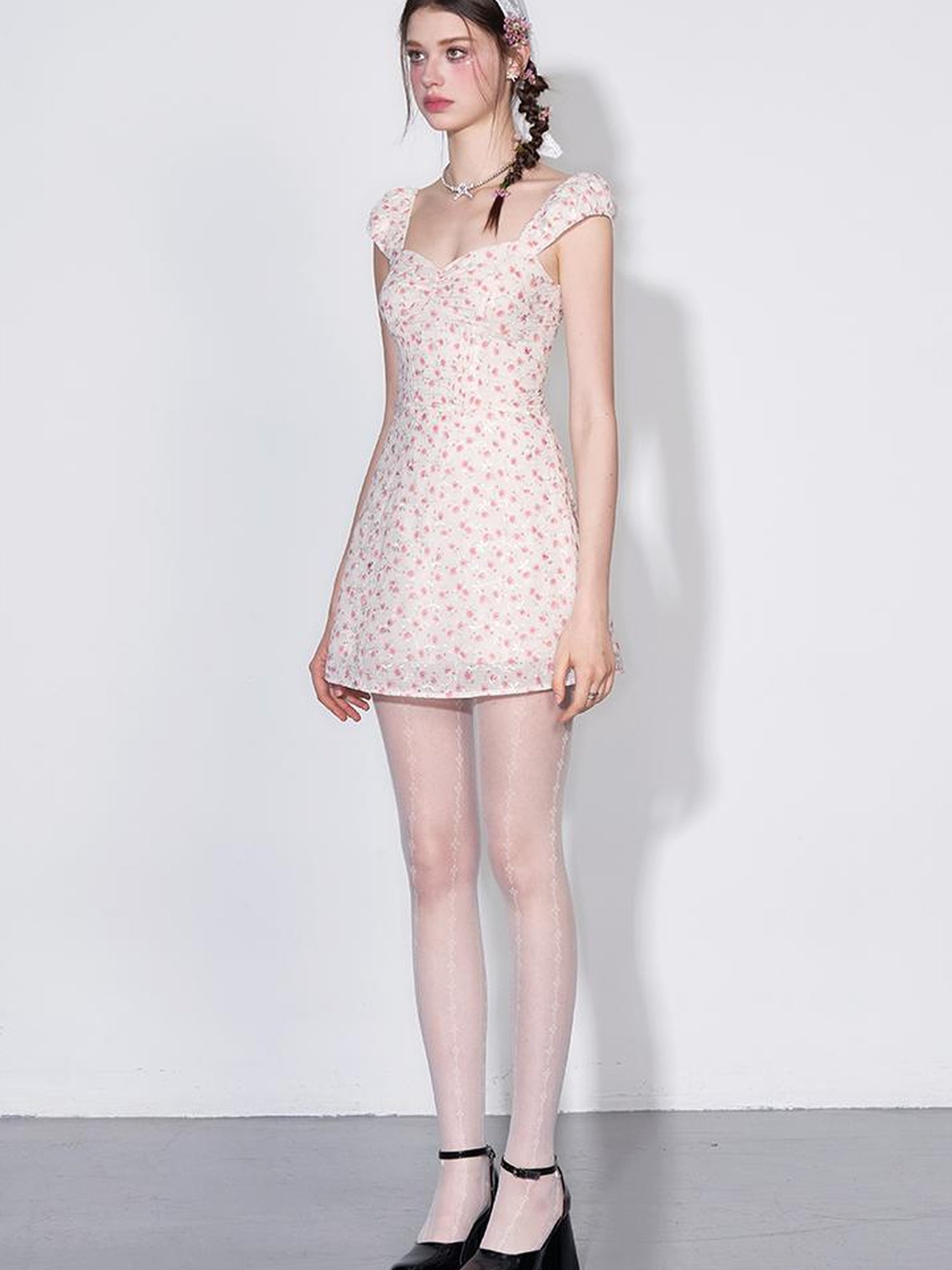 AFTADAWN French Square Neck Ruffle Waist Floral Dress
