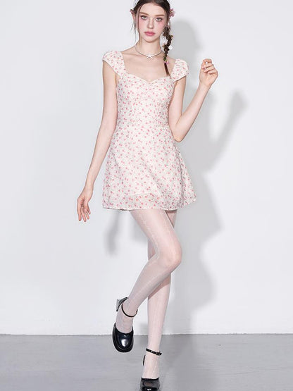 AFTADAWN French Square Neck Ruffle Waist Floral Dress