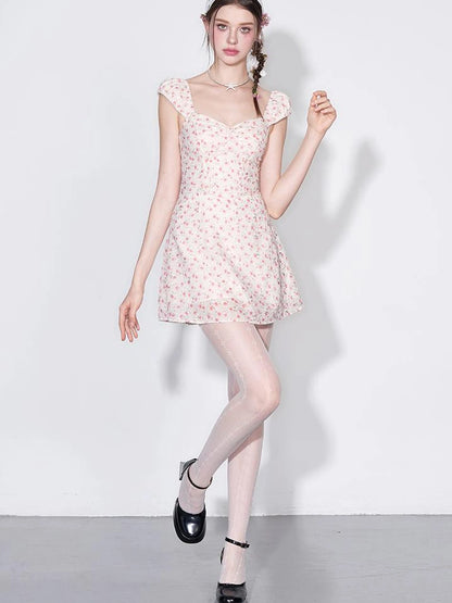 French Square Neck Ruffle Waist Floral Dress