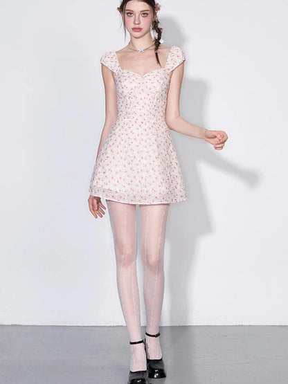 French Square Neck Ruffle Waist Floral Dress