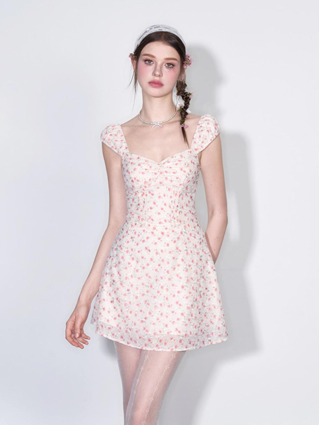 AFTADAWN French Square Neck Ruffle Waist Floral Dress